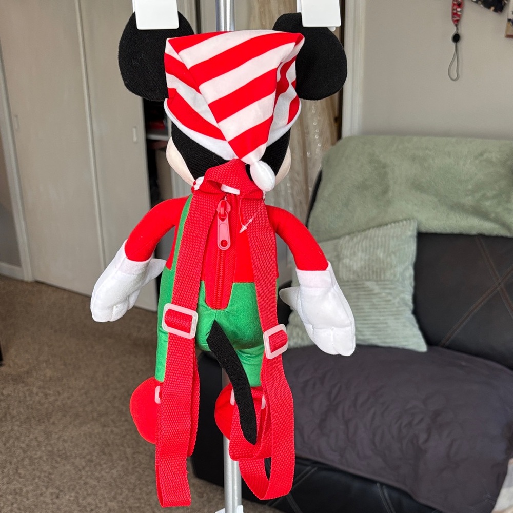 Mickey Tiny backpack Festive Plush Toy with Red and Green Outfit - Picture 3 of 4